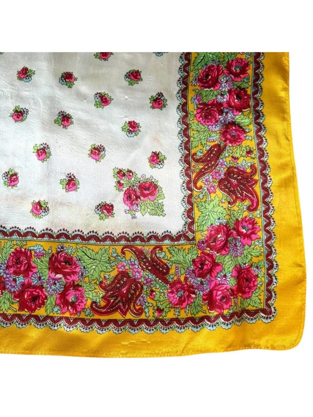 VTG Floral Yellow White Satin‎ Scarf Pink Rose Print Paisley Border 27” Square